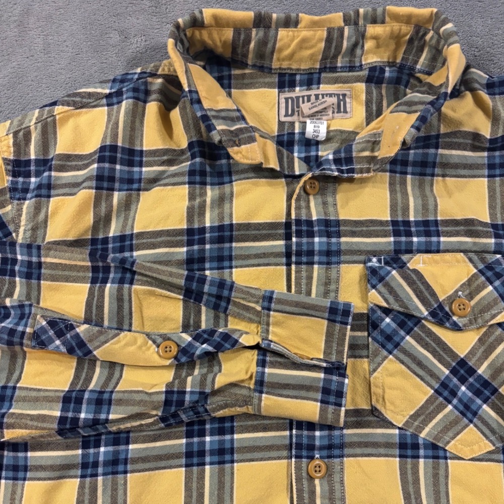 Duluth Trading Co Mens Yellow Blue Plaid Free Swingin Flannel Shirt M 74250